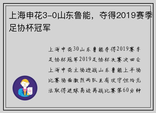 上海申花3-0山东鲁能，夺得2019赛季足协杯冠军